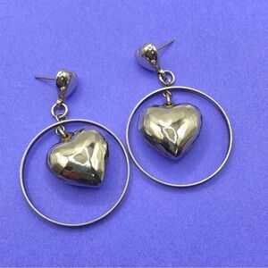 Vintage Circa 1980's Silver Tone Puffed Hearts Circle Hoop Post Earrings
